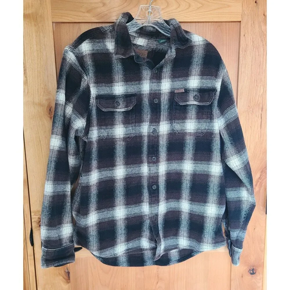 Orvis Plaid Heavyweight Shirt Shacket MEDIUM Brown Black Outdoors Grandpa Cabin